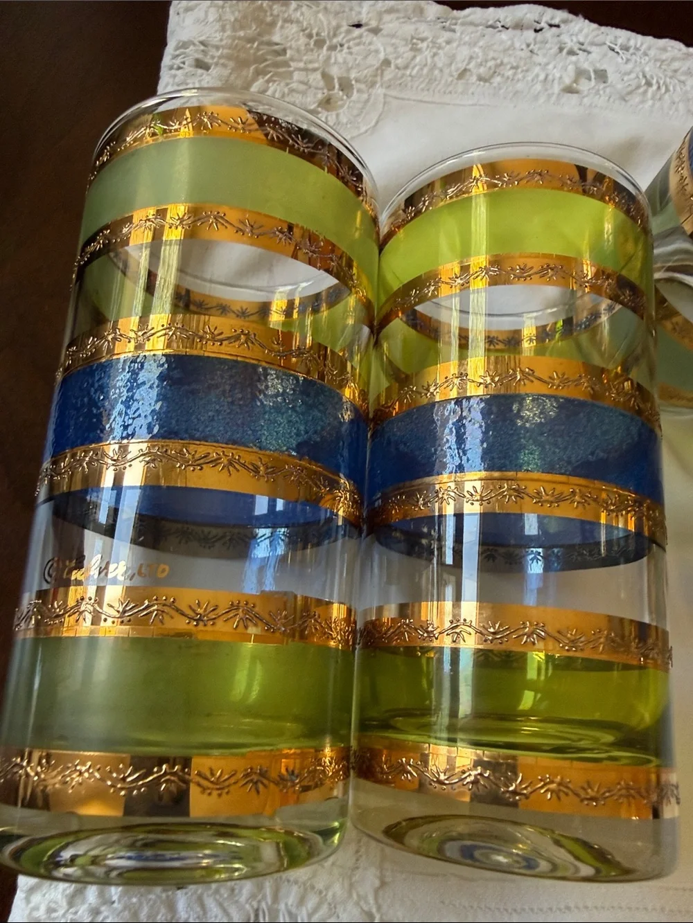 Mid Century Culver Rondo Highball set of 7 glasses band of blue green 22k gold